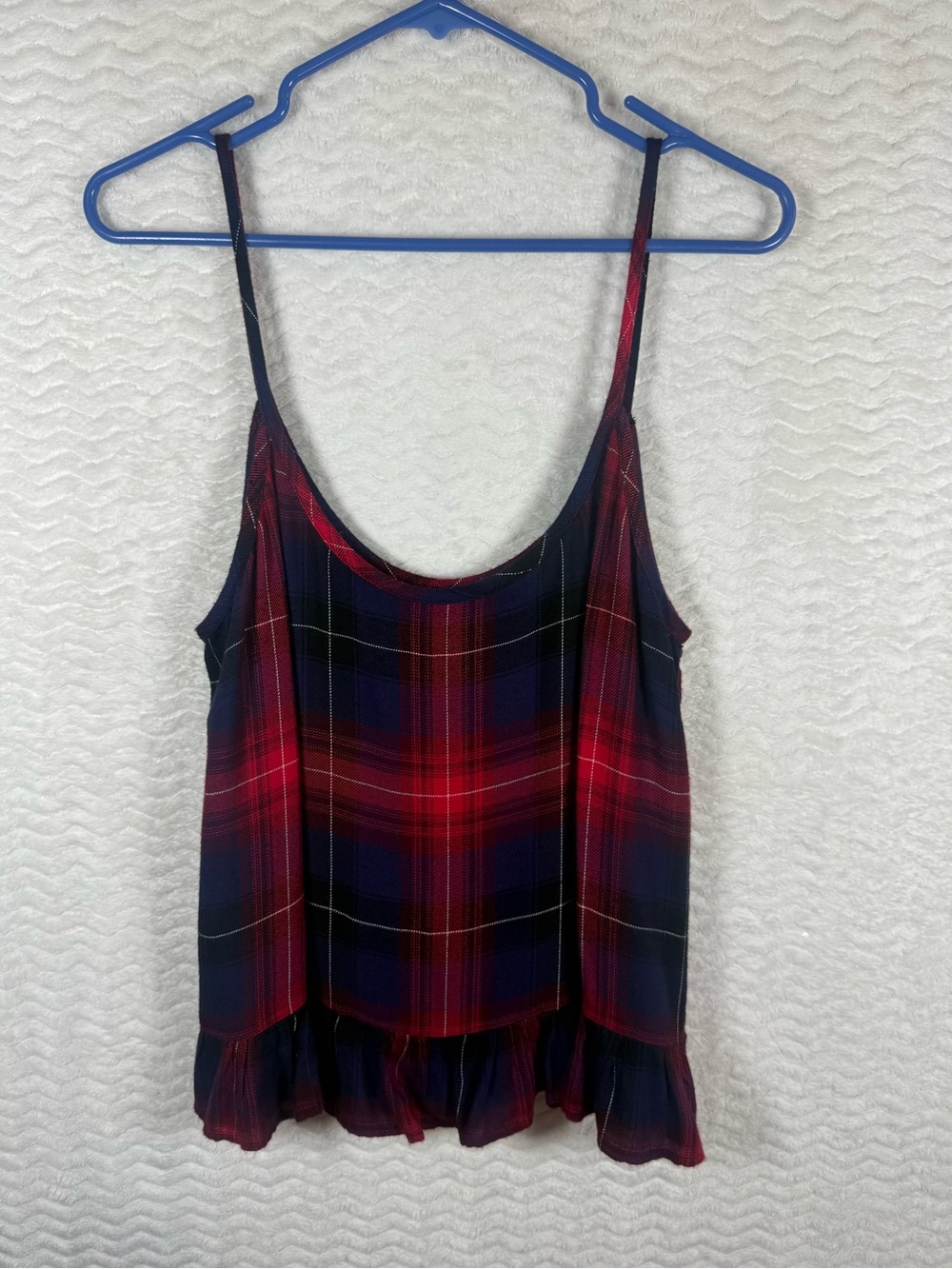 cloth & stone Red and Navy Plaid Ruffle Hem Tank. The colors are beautiful 🤩